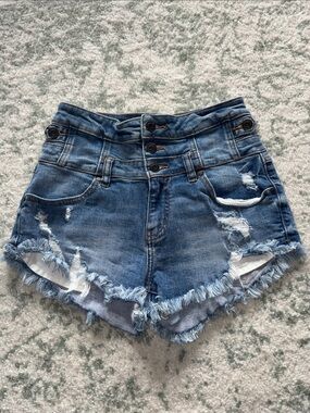 eunina High-Waist Distressed Denim Shorts - Blue